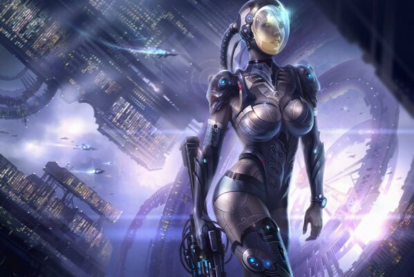 Fille en combinaison spatiale dans le style cyberpunk