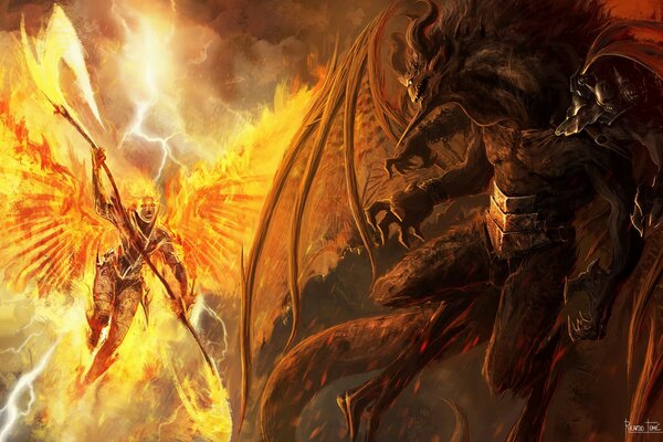 Fire-winged warrior fights with a monstrous demon