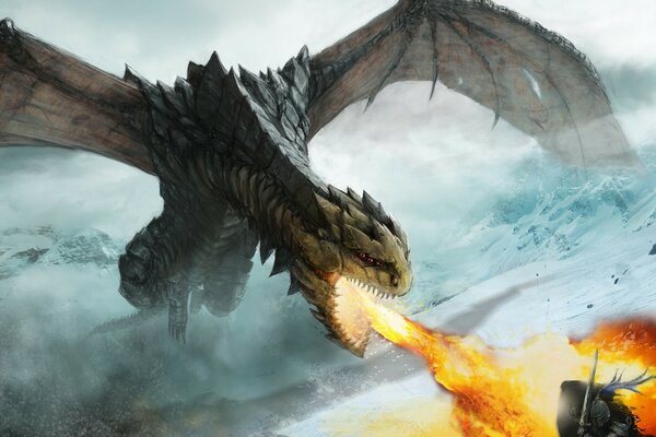 Un énorme dragon avec une attaque de feu dans le paysage du Nord