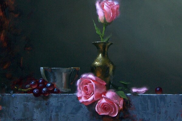 Painting with pink roses