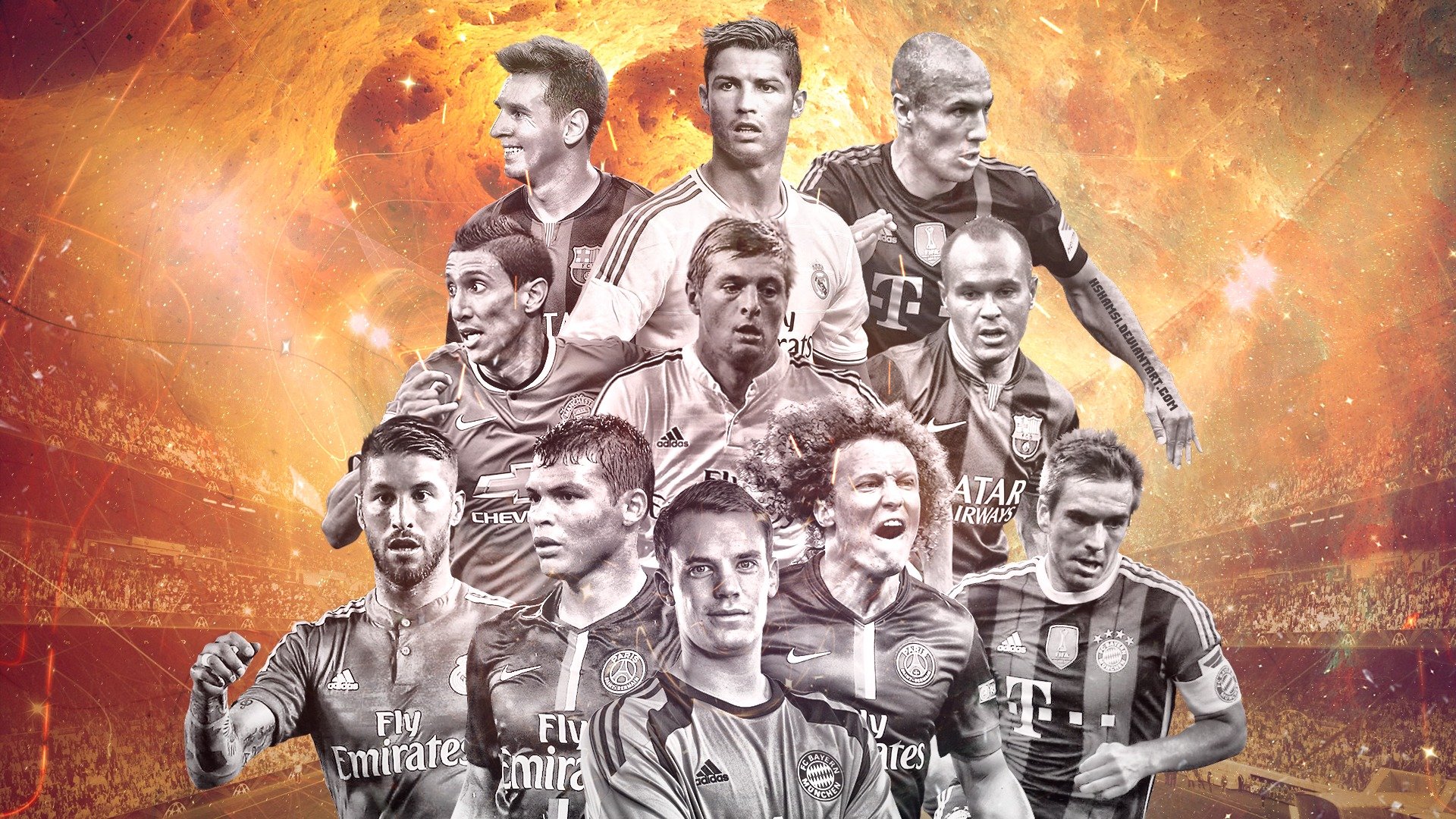 squadra dell anno 2014-2015 ronaldo robben david luis messi neuer tiagu silva lam sergio ramos iniesta croce di maria