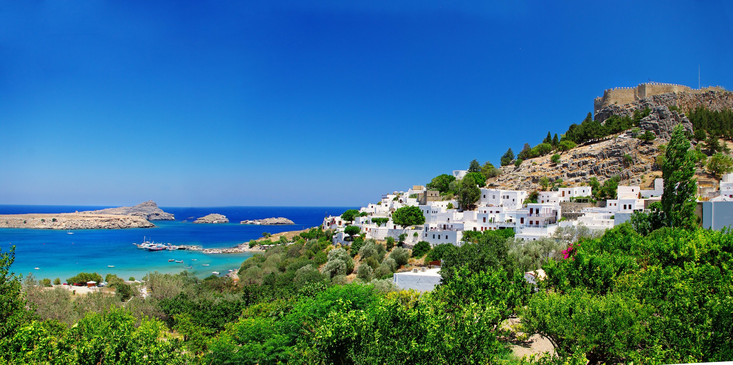 bäume griechenland häuser greece küste natur festung