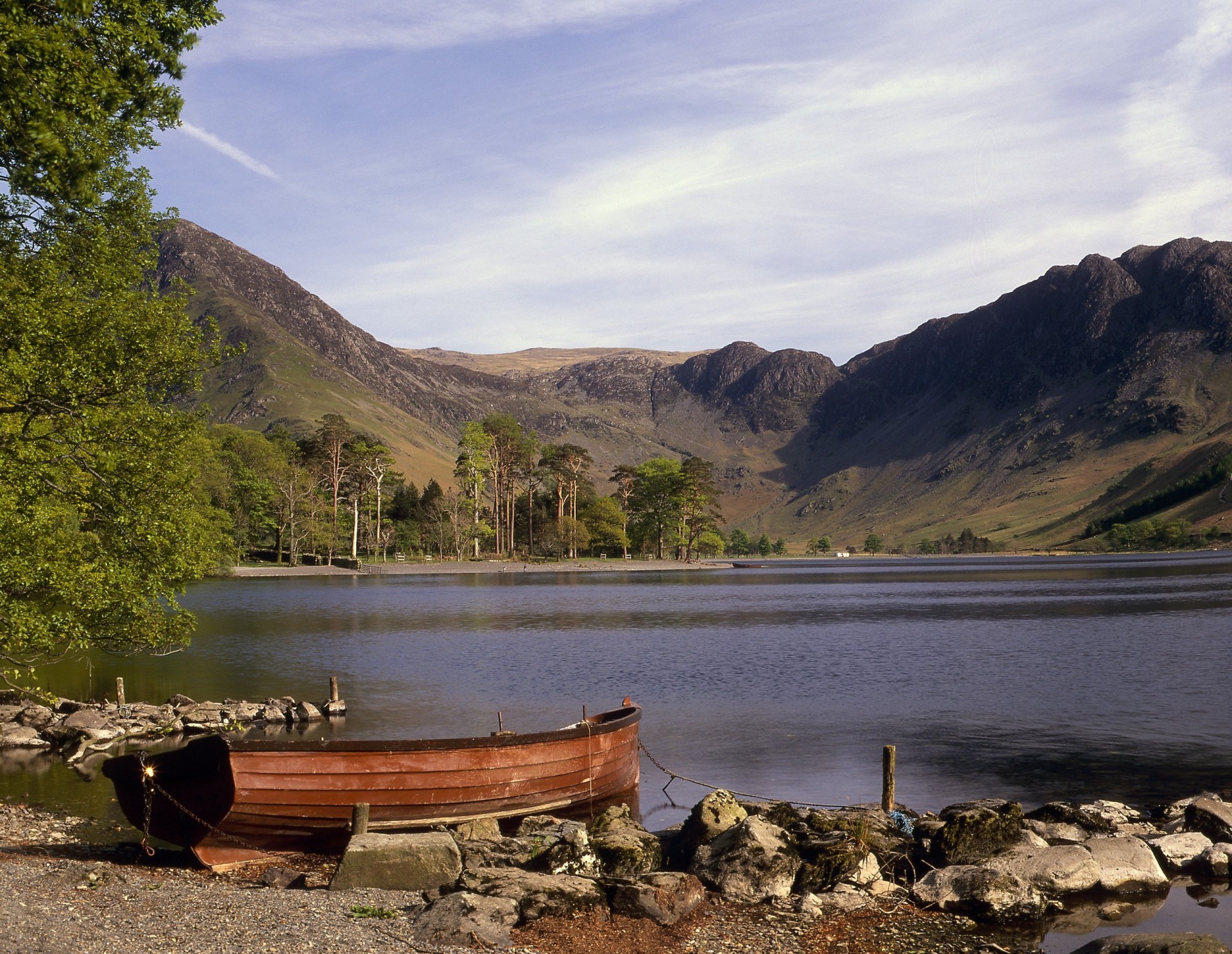 lake tree landscape mountain boat