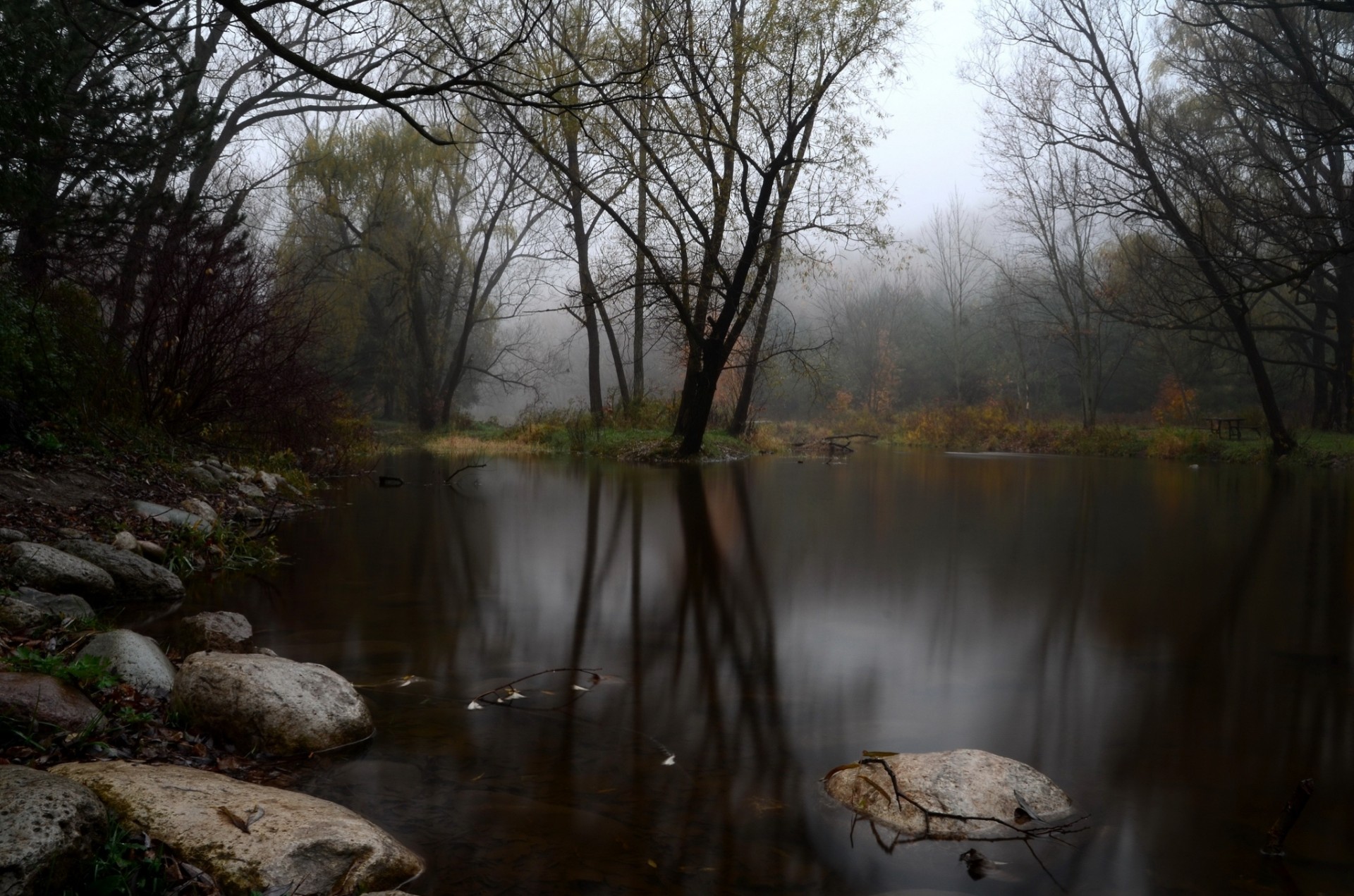 autumn lake fog forest stone