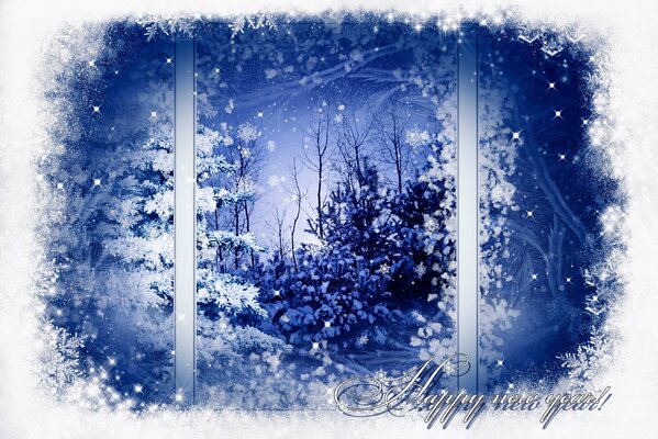 Fenêtre de carte de Noël avec des motifs dans les tons bleus
