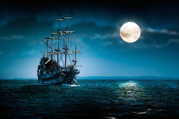Pirate ship meets night at sea