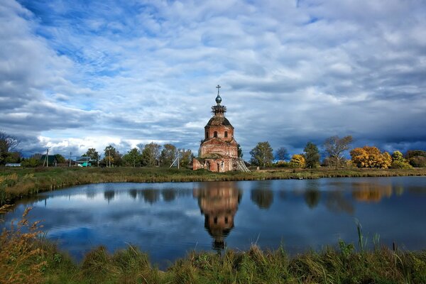 Heavenly temple over the blue lake