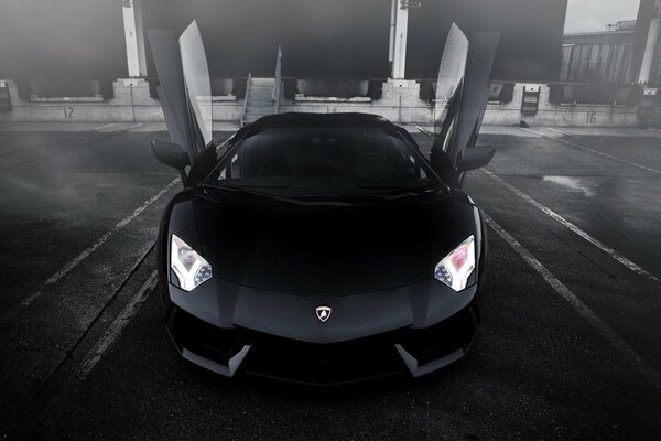 Lamborghini noir avec portes ouvertes dans le brouillard