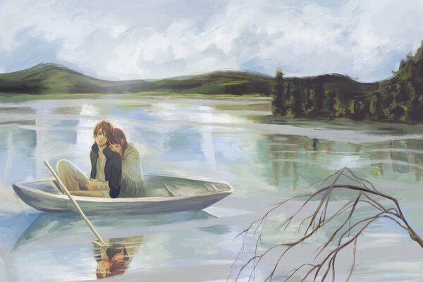 Couple triste sur un bateau flottant sur une rivière tranquille