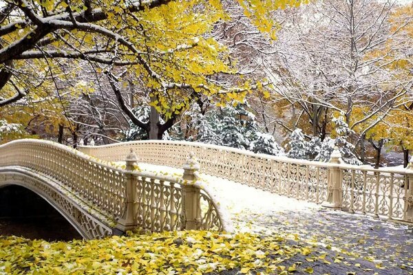Tardo autunno in città, prima neve sul ponte