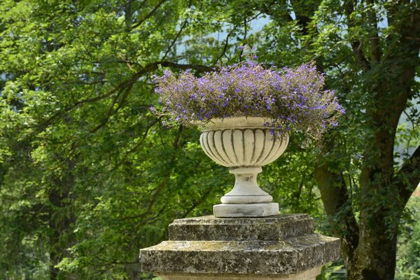 A large vase in the park next to a tree