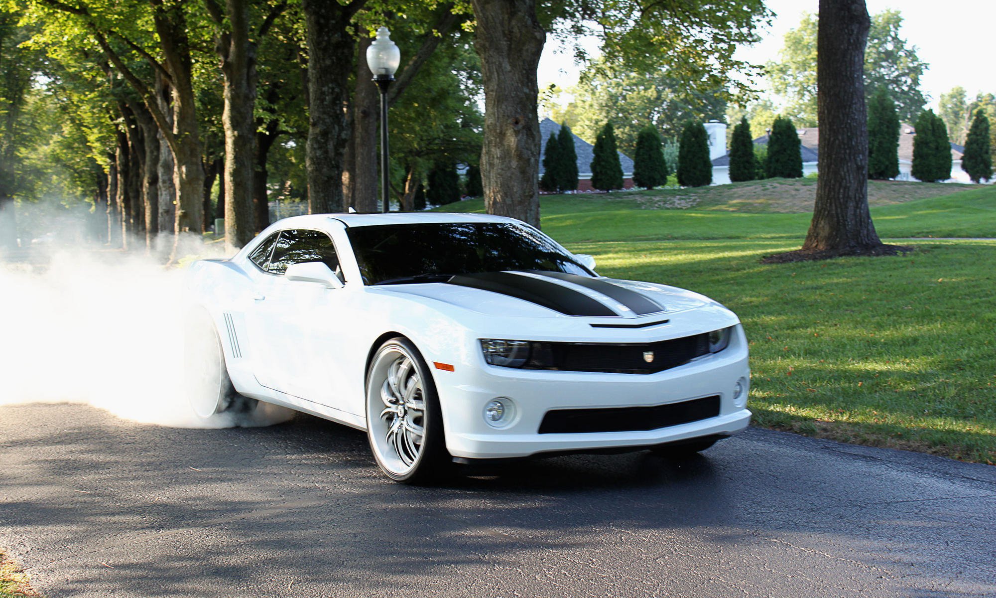 chevrolet smoke chrome asphalt trees drives camaro asanti