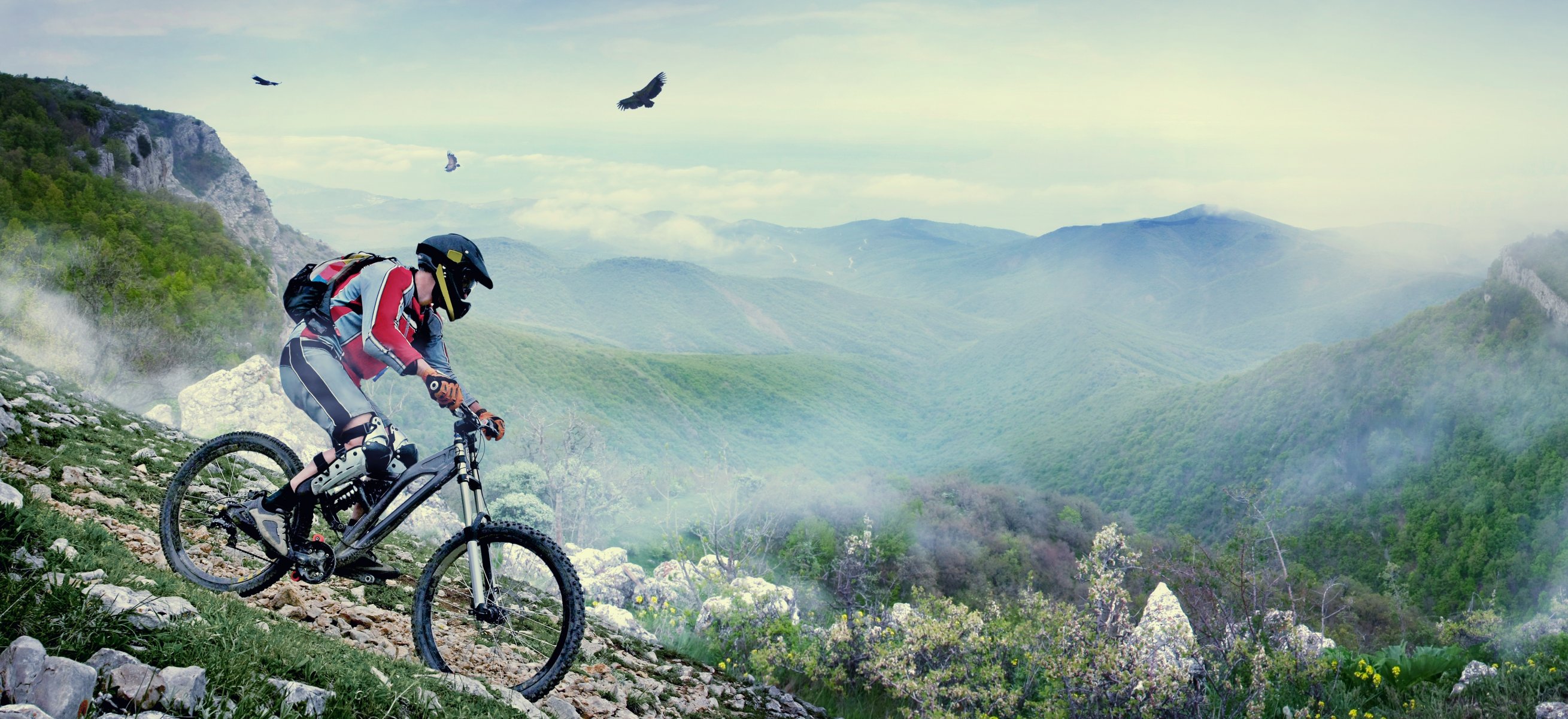 vélo homme casque oiseaux montagnes