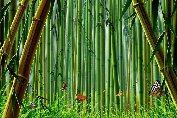 Patrón de madera de bambú y mariposas