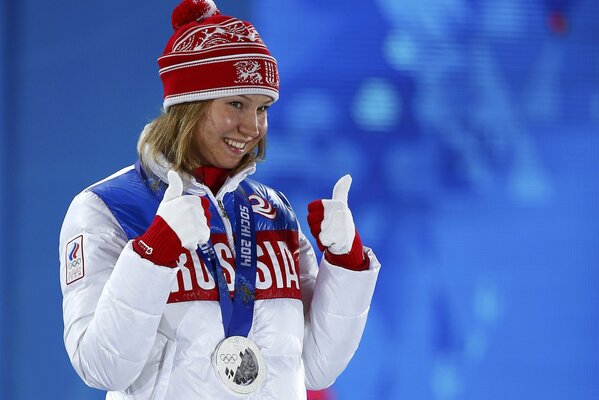 Olympiasiegerin zur Siegerehrung