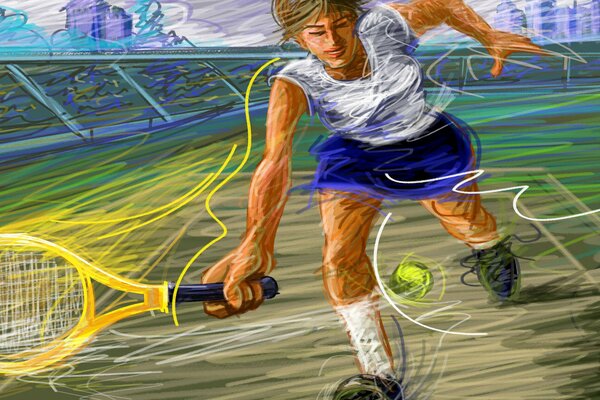 Drawing of a tennis player with a racket and a ball
