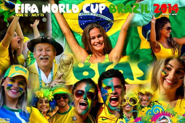 Copa mundial de fútbol en Brasil. Collage de caras de fans