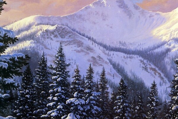 Painting huge mountains in winter and trees in the snow