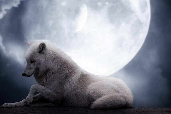 Weißer Wolf auf dem Hintergrund eines riesigen Mondes