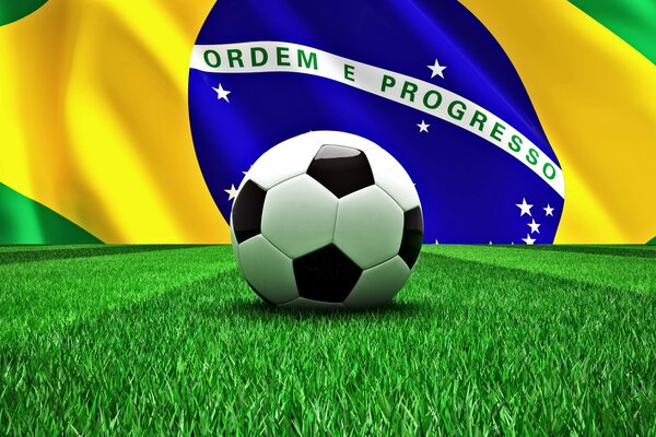 Copa del mundo 2014 bandera brasileña en el fondo detrás de la pelota