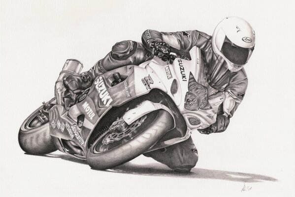 Motorcyclist on a turn at a race drawing