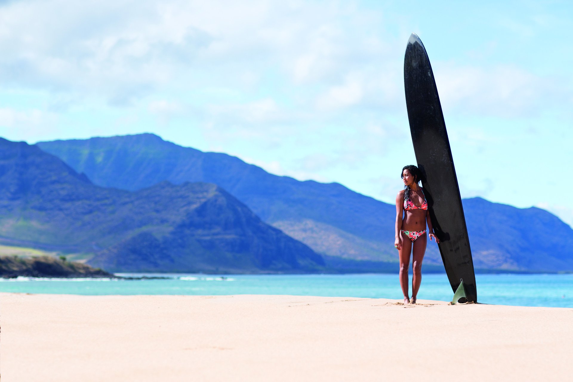 urfing girl swimsuit board beach sand ocean mountain