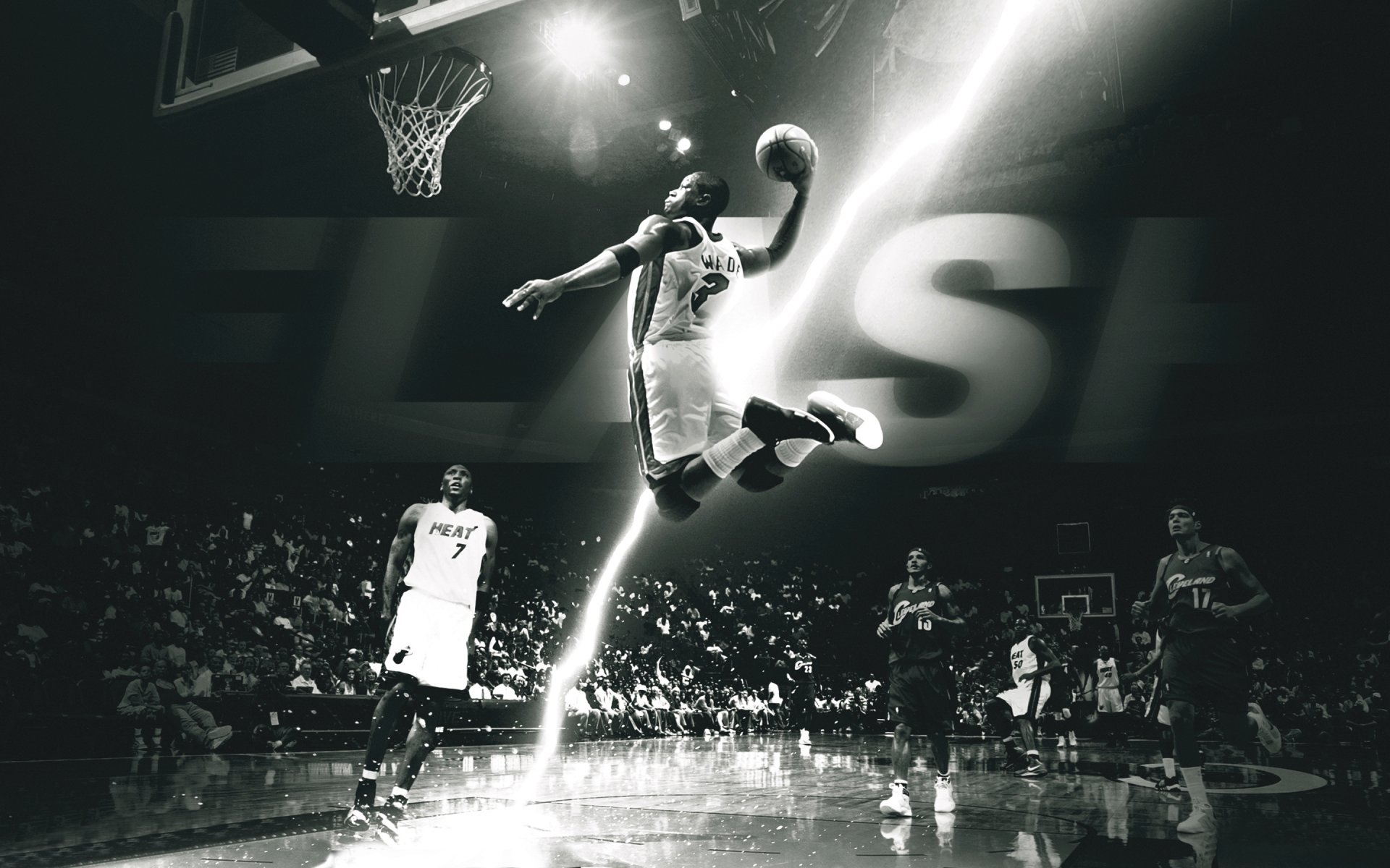 dwayne wade flash baloncesto jugador miami juego semi colgar vuelo blanco y negro