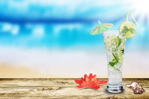 Photo of a glass with a mojito shell and a starfish