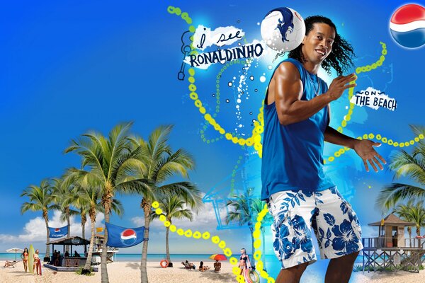Futbolista Ronaldinho en la playa en verano