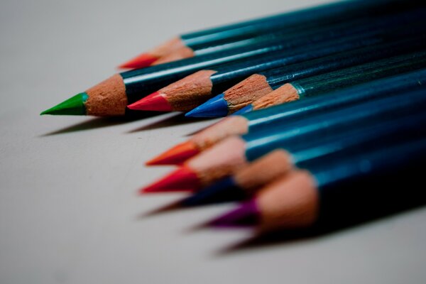 Macro photo of colored pencils on a gray background