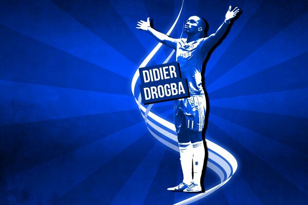 Didier Drogba on a blue background with open arms