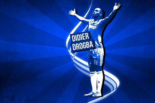 Didier Drogba sur fond bleu avec les bras ouverts