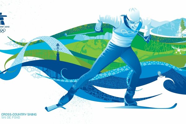 Blue-green drawing of a skier as a symbol of the Olympics