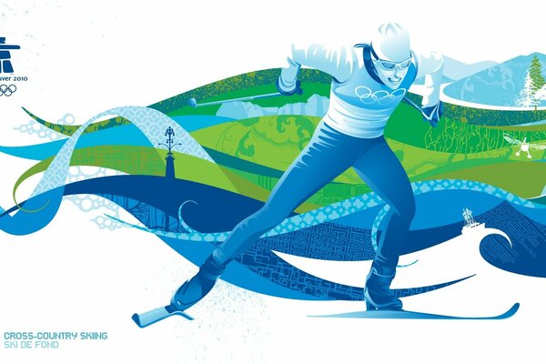 Dessin bleu-vert du skieur comme symbole des jeux olympiques