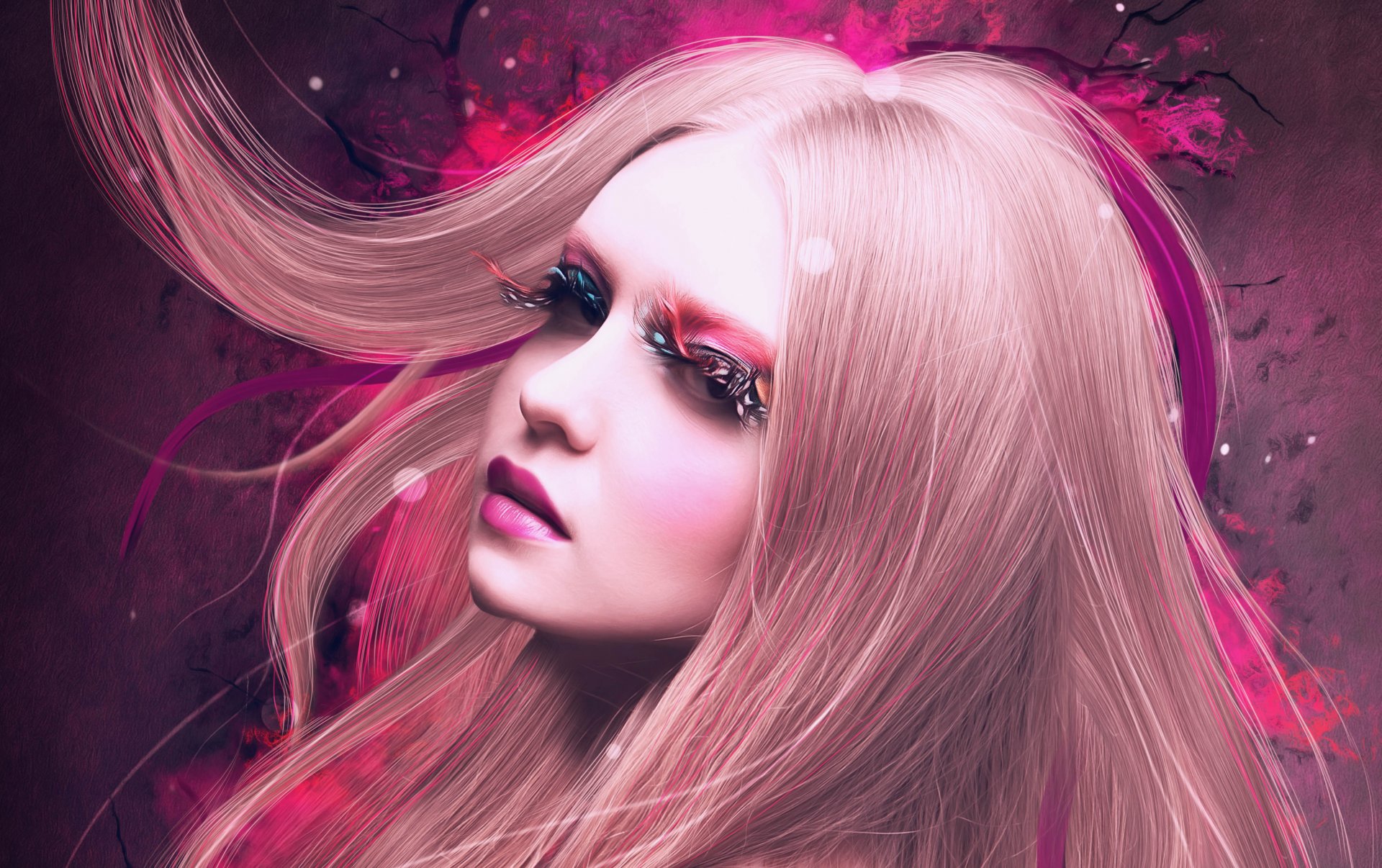 girl art make-up eyelash blonde hair view background wall