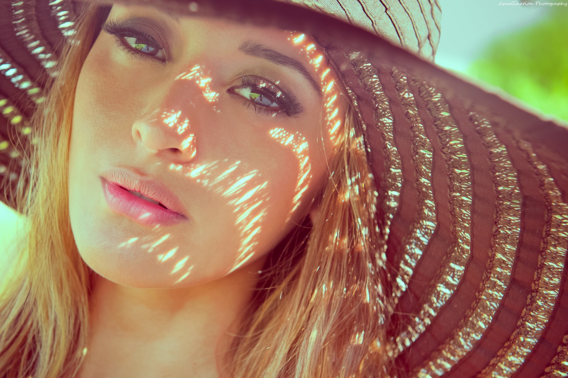 girl blonde beautiful face eyes view hat