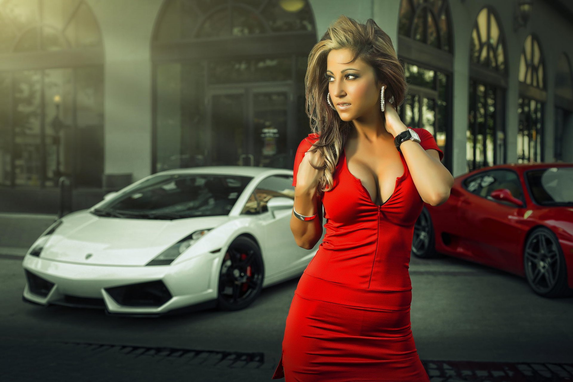 model robin grimshaw girl photography by joel chan lamborghini gallardo white ferrari red