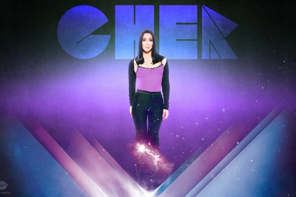 Singer Cher on a lilac background with the inscription