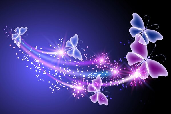 Blue-purple neon butterflies fly through space