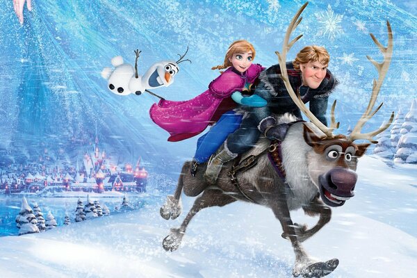 Ein Mann, ein Mädchen und ein Schneemann reiten ein Reh