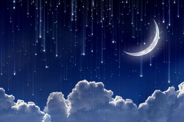 Moon, stars and clouds in the night sky