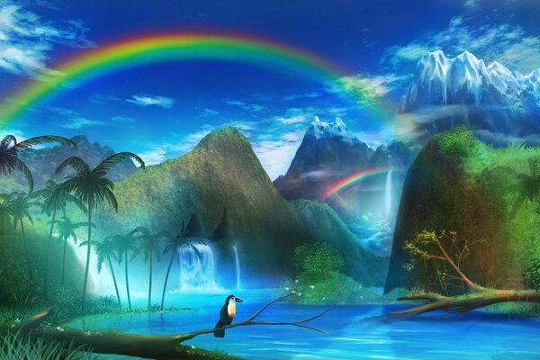 Arcobaleno sulle colline e sul fiume blu