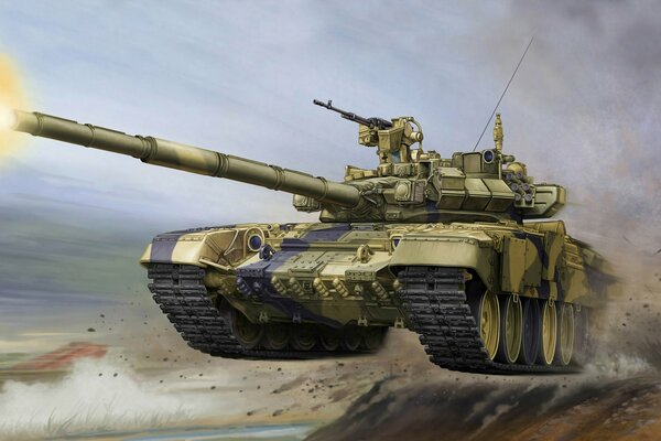 Боевой танк t- 90 наступает в атаку