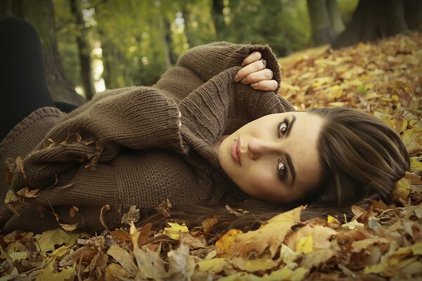 Ragazza in maglione in posa in foglie