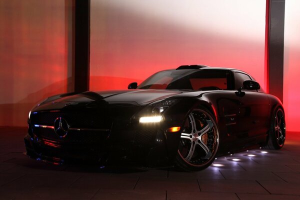 Mercedes black in the cabin with headlights
