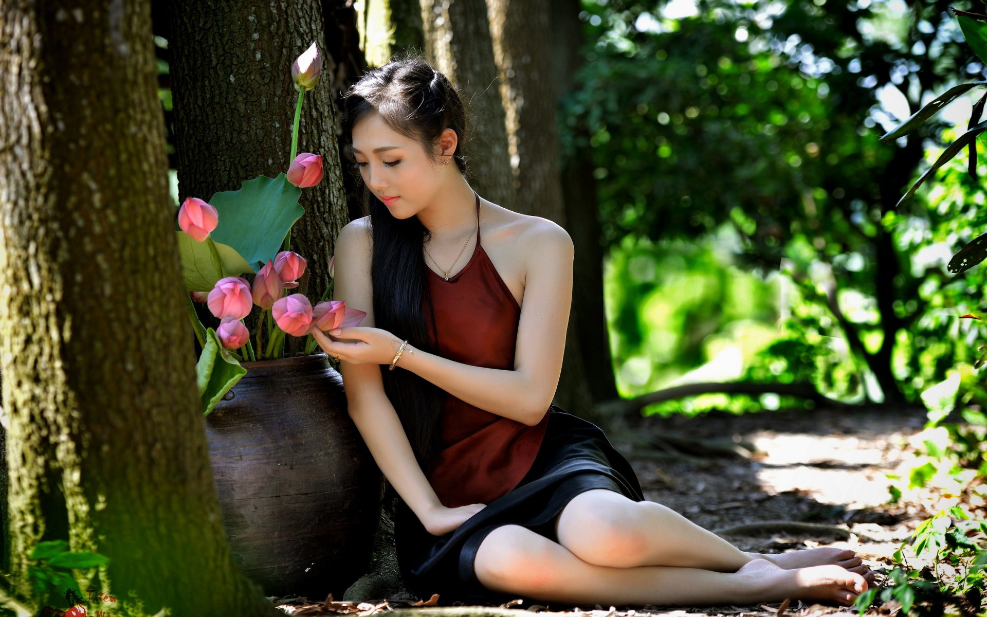 fille asiatique été rue fleurs humeur