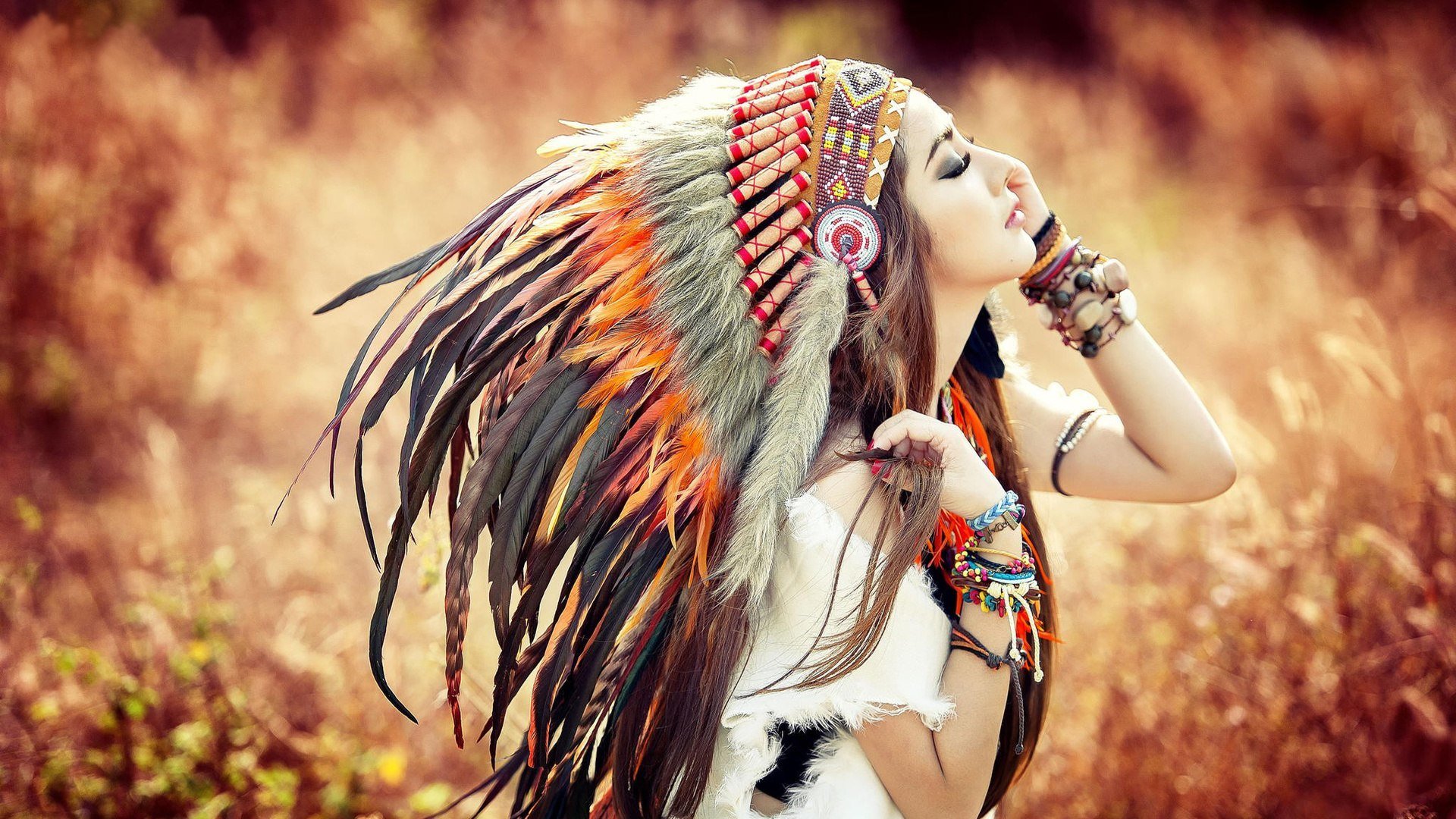 girl face indian autumn feathers headwear bracelet