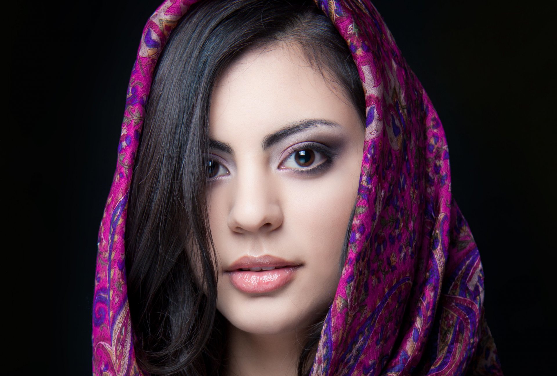 girl indian beautiful brown eyes view face lips hair scarf background black