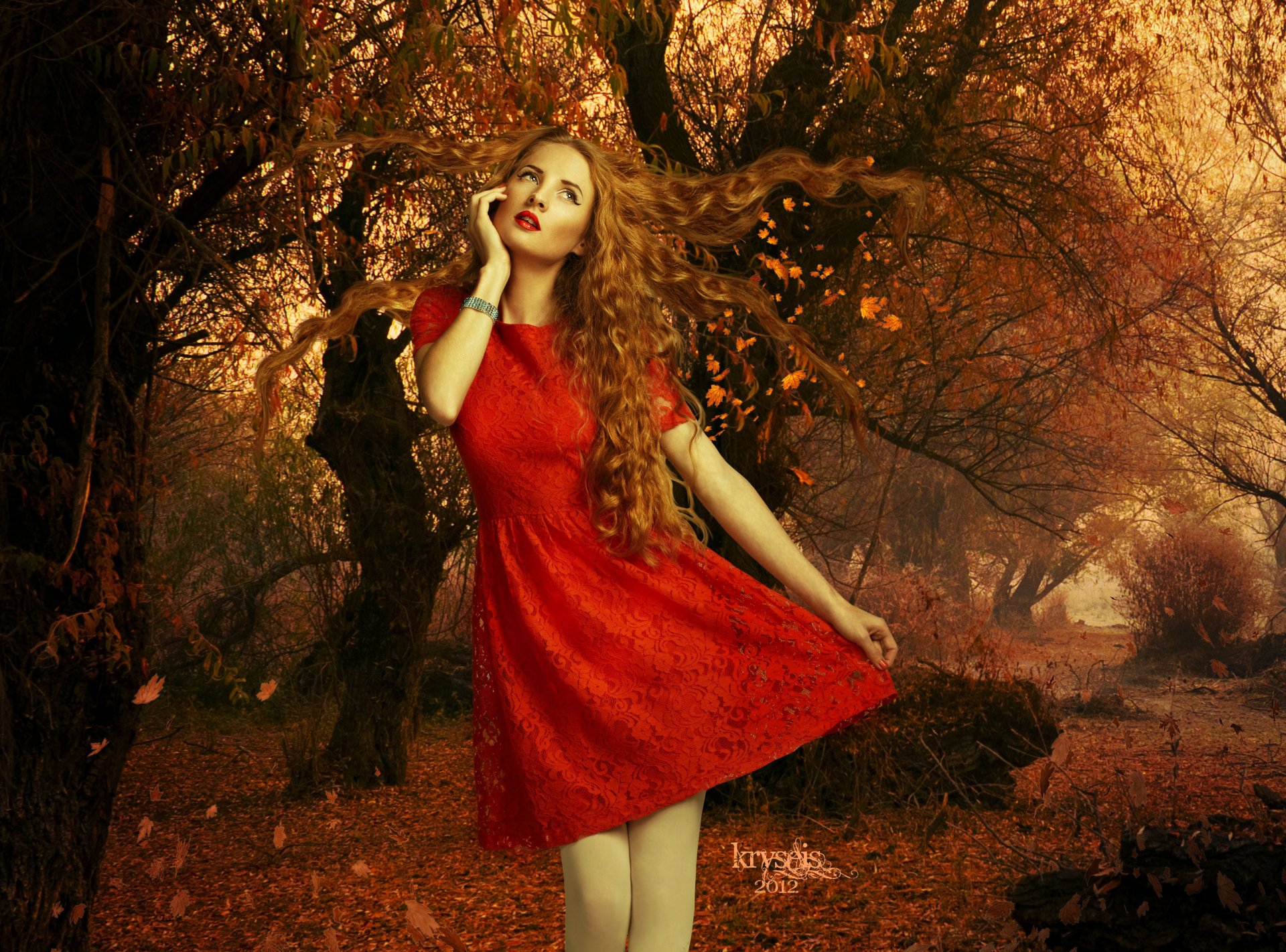 girl face red lips make-up hair curls red dress autumn leaves tree