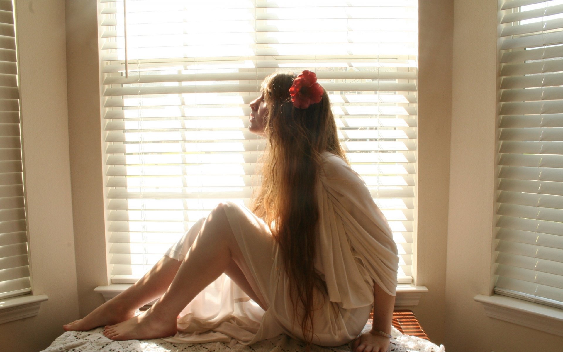 mädchen lange haare blume sitzen fenster jalousien barfuß